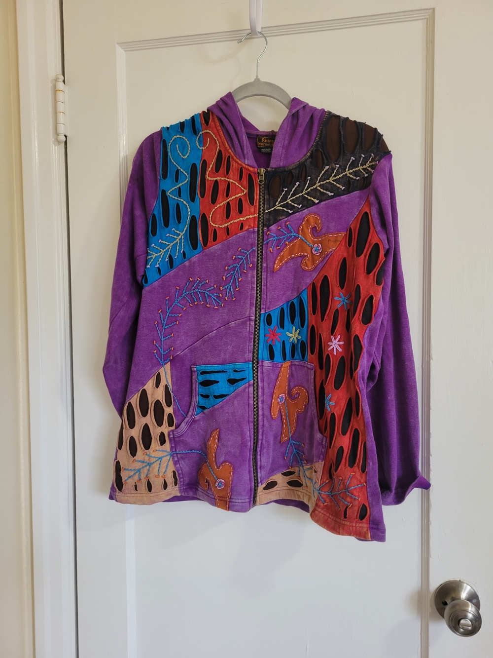 Rising International Purple Patchwork Hooded Jacket with Embroidered Detail